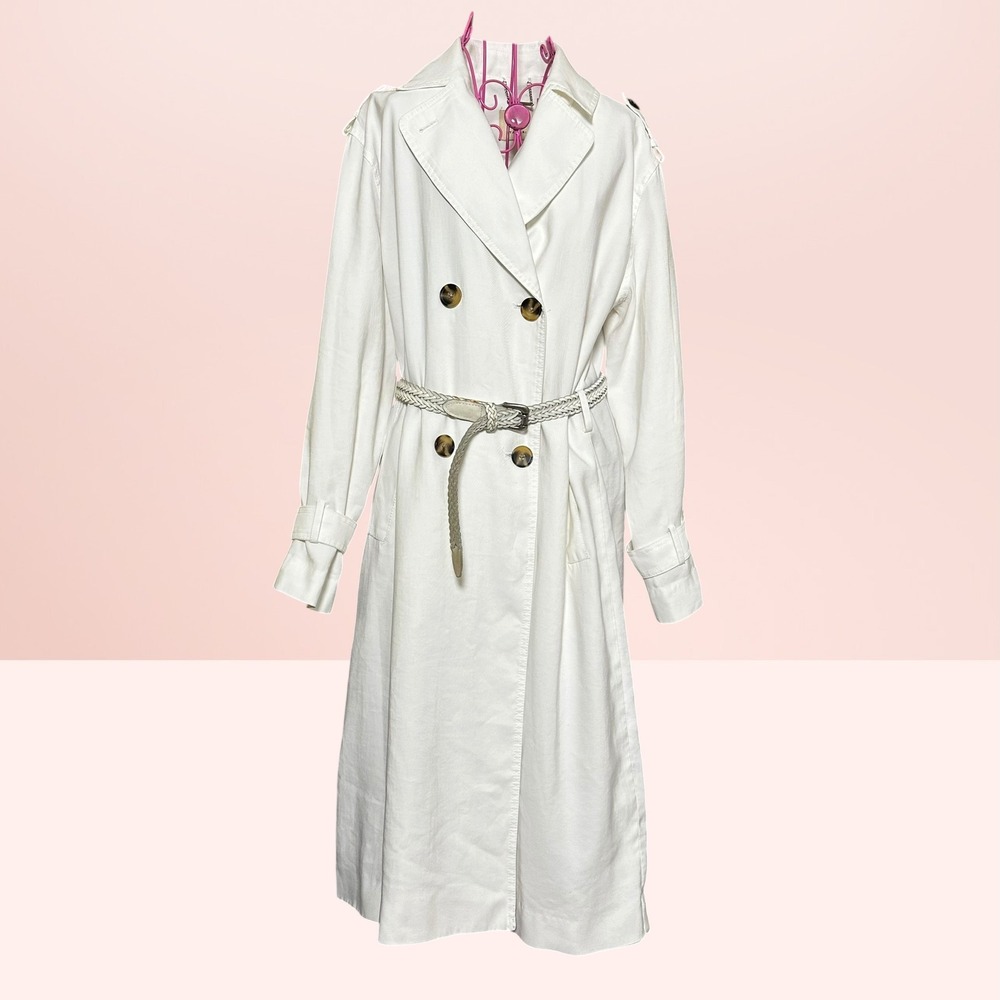 Elie Tahari White Double Breasted Trench Coat Braided Belt Classic Chic Size M